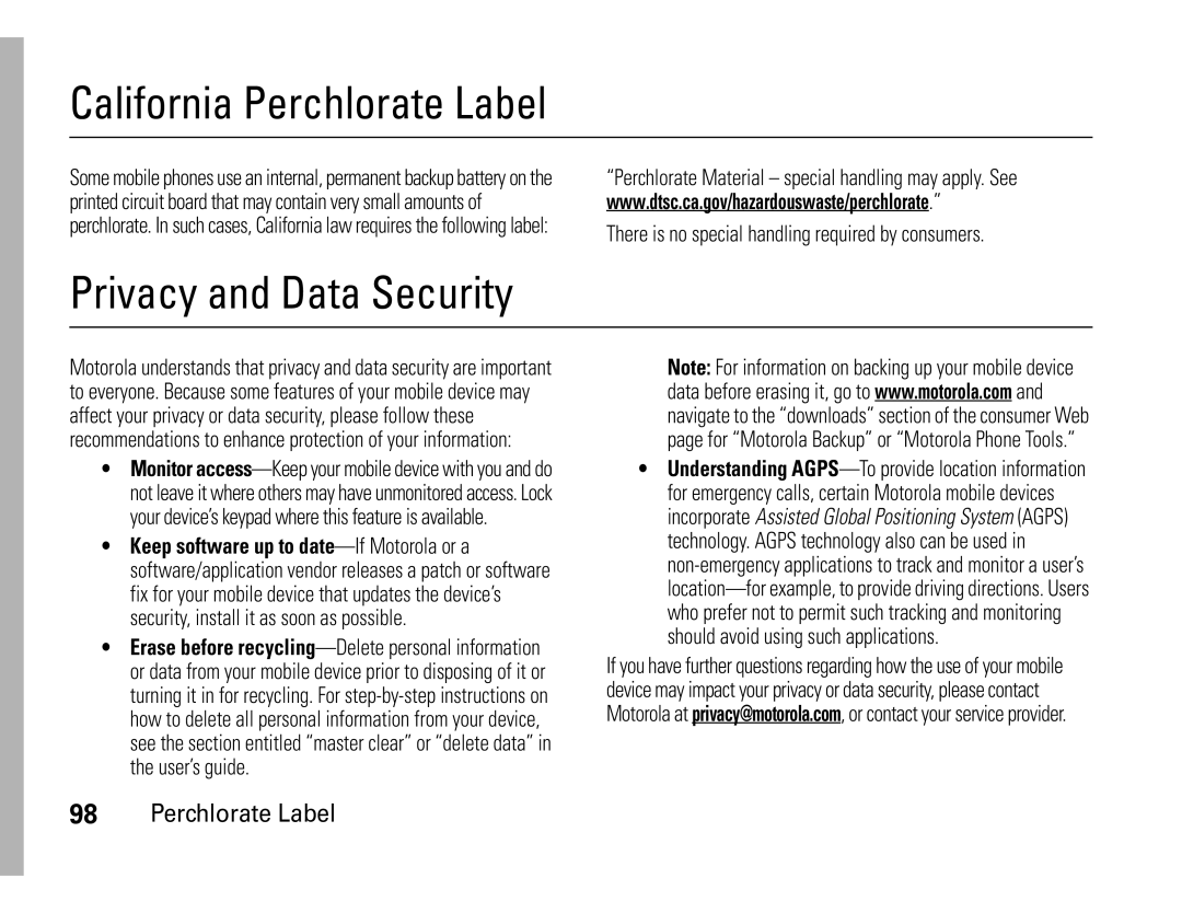 Motorola W450 manual California Perchlorate Label, Privacy and Data Security 