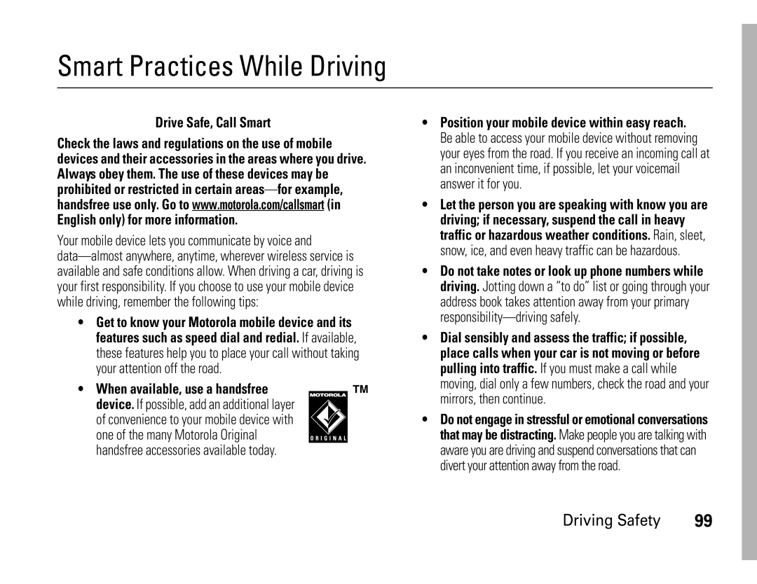 Motorola W450 manual Smart Practices While Driving, Driving Safety, English only for more information 