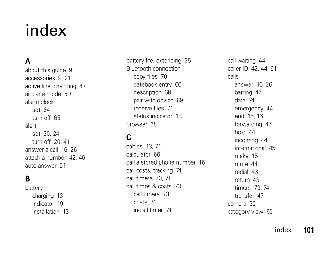 Motorola W450 manual Index 