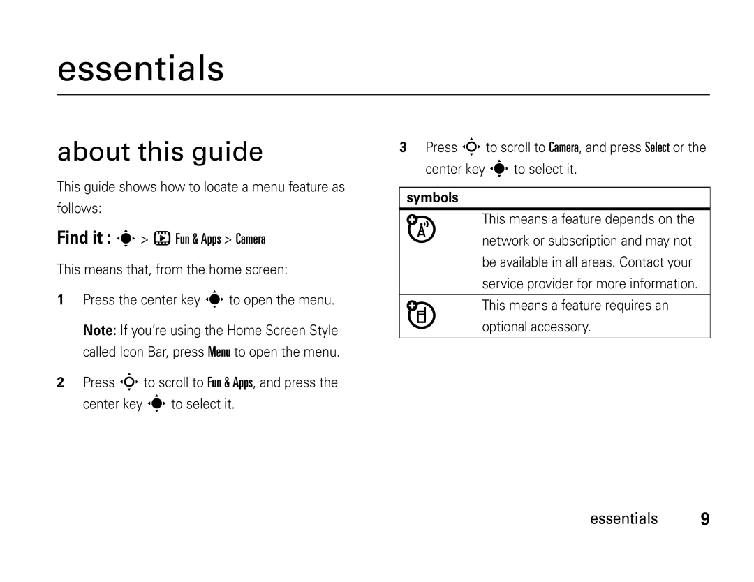 Motorola W450 manual Essentials, About this guide, Find it s h Fun & Apps Camera, Symbols 