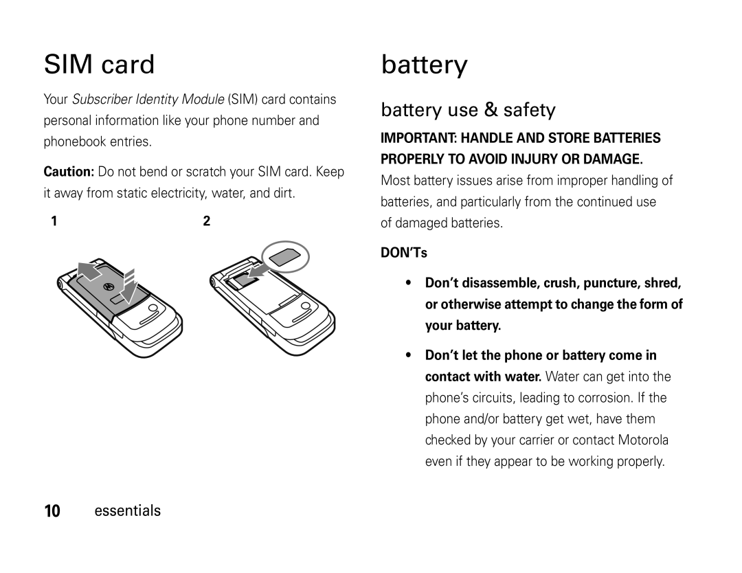 Motorola W450 manual SIM card, Battery use & safety 