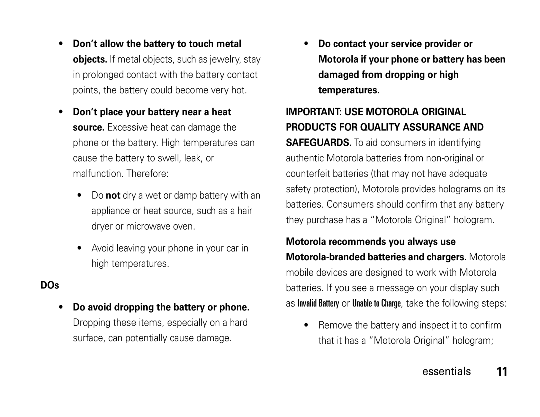 Motorola W450 manual Essentials 