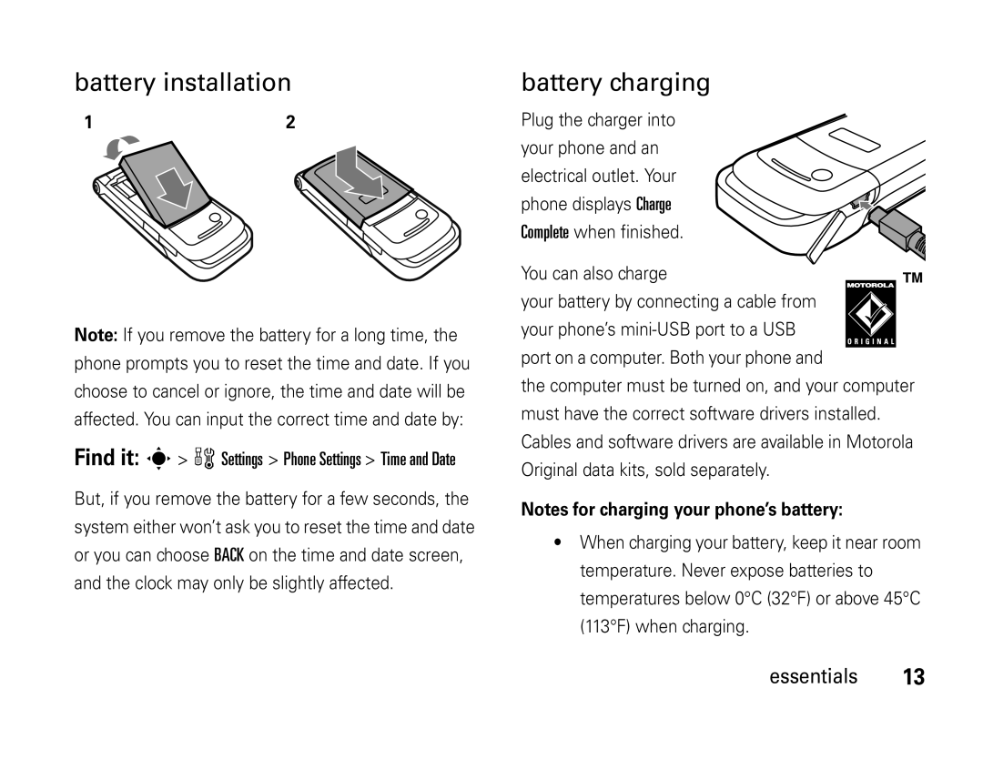 Motorola W450 manual Battery installation, Battery charging 