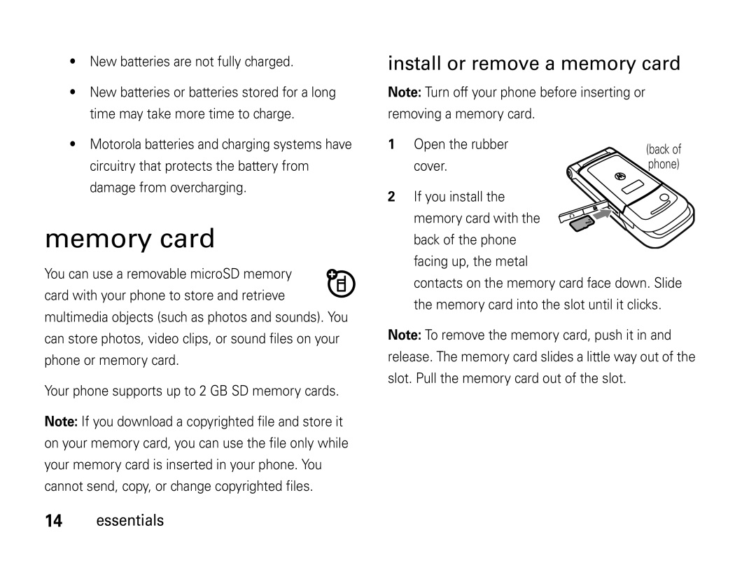 Motorola W450 manual Memory card, Install or remove a memory card, Open the rubber, Cover 