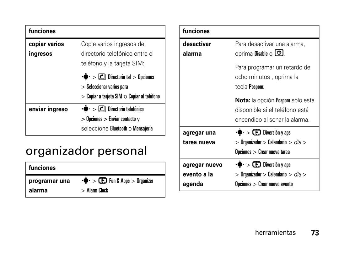 Motorola W450 manual Organizador personal, Directorio tel Opciones Seleccionar varios para 