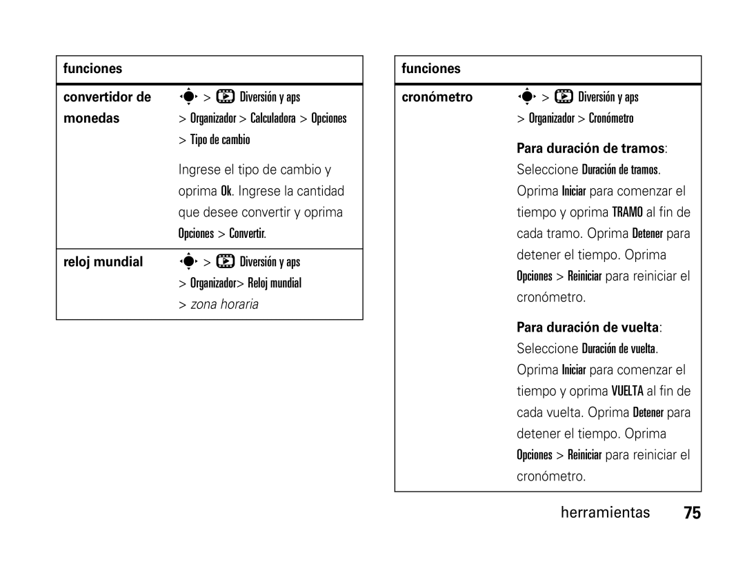 Motorola W450 manual Tipo de cambio, Opciones Convertir, Organizador Reloj mundial 