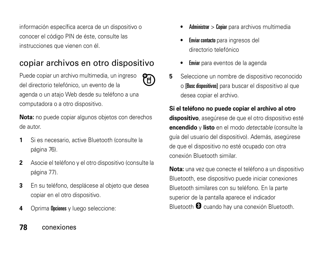 Motorola W450 manual Copiar archivos en otro dispositivo, Administrar Copiar para archivos multimedia 