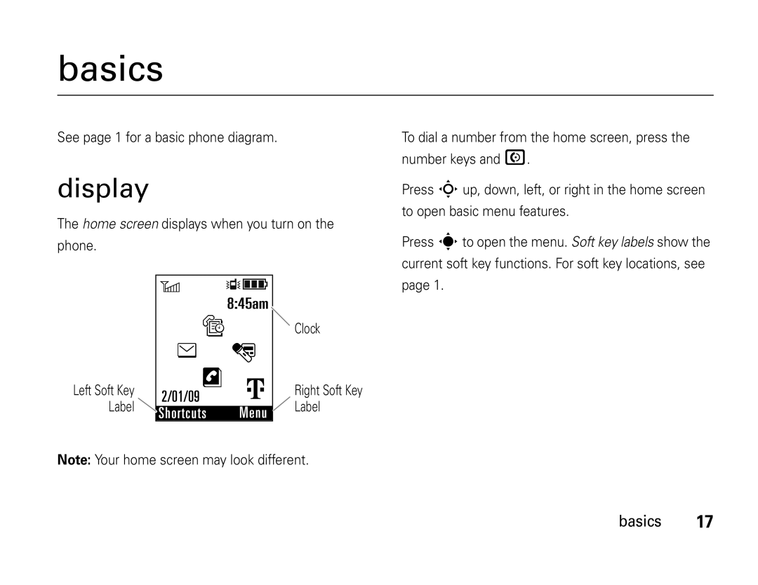 Motorola W450 manual Basics, Display, See page 1 for a basic phone diagram 