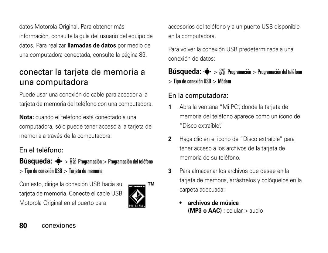 Motorola W450 manual Conectar la tarjeta de memoria a una computadora, Tipo de conexión USB Tarjeta de memoria 