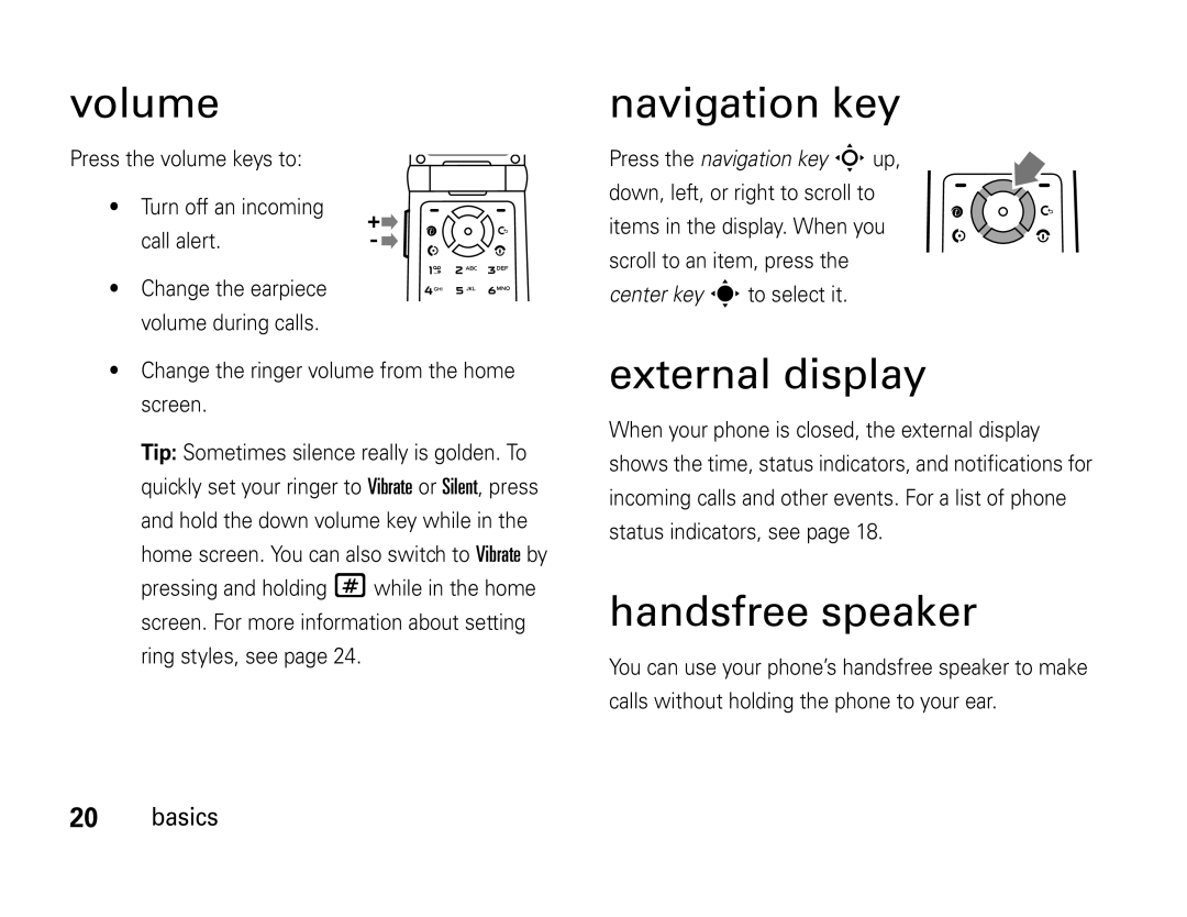 Motorola W450 manual Volume, Navigation key, External display, Handsfree speaker 