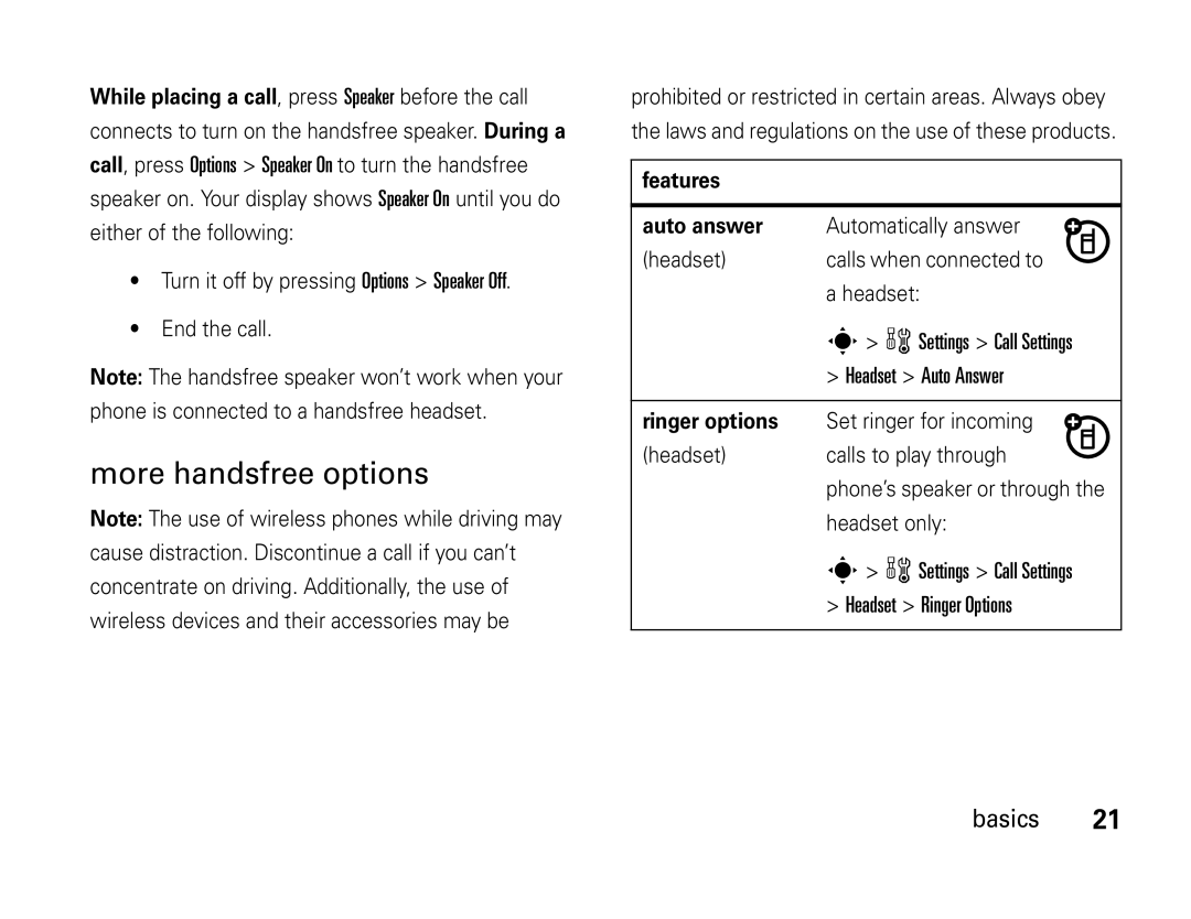 Motorola W450 manual More handsfree options, Settings Call Settings, Headset Auto Answer, Headset Ringer Options 