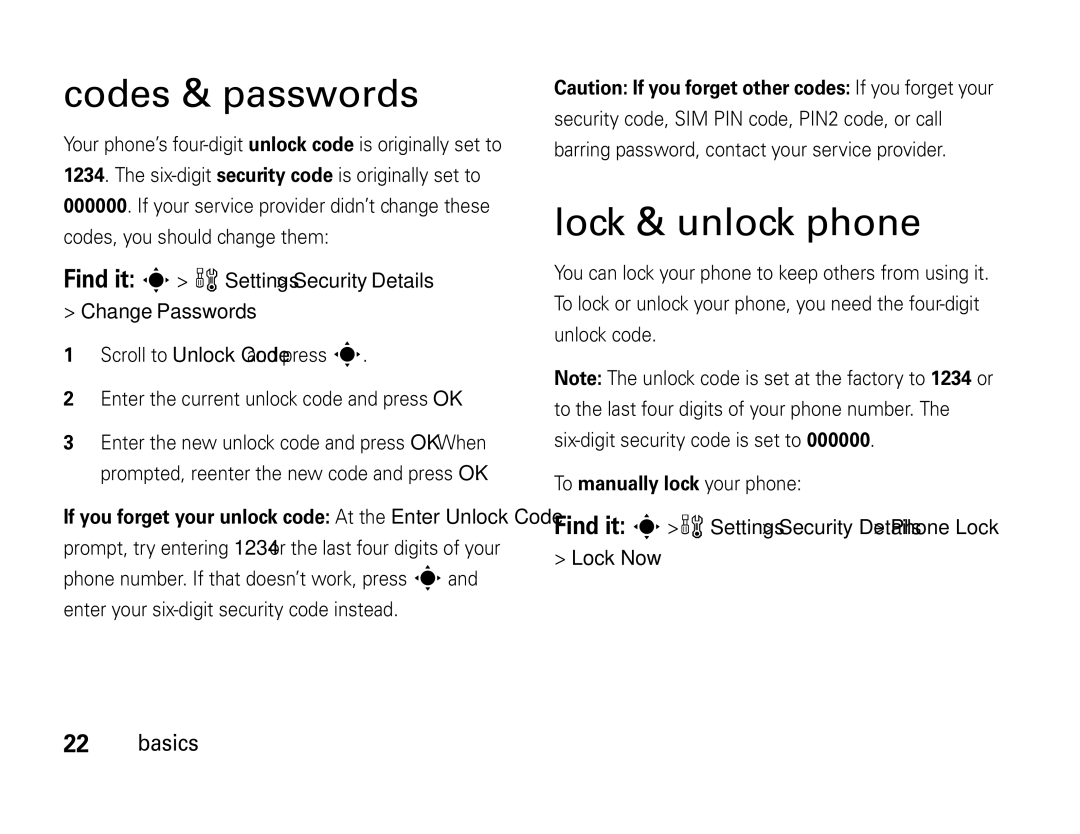 Motorola W450 manual Codes & passwords, Lock & unlock phone, Find it s w Settings Security Details Change Passwords 