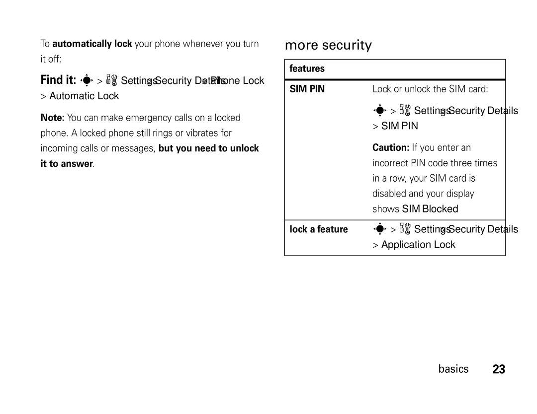 Motorola W450 manual More security, Automatic Lock, Settings Security Details 