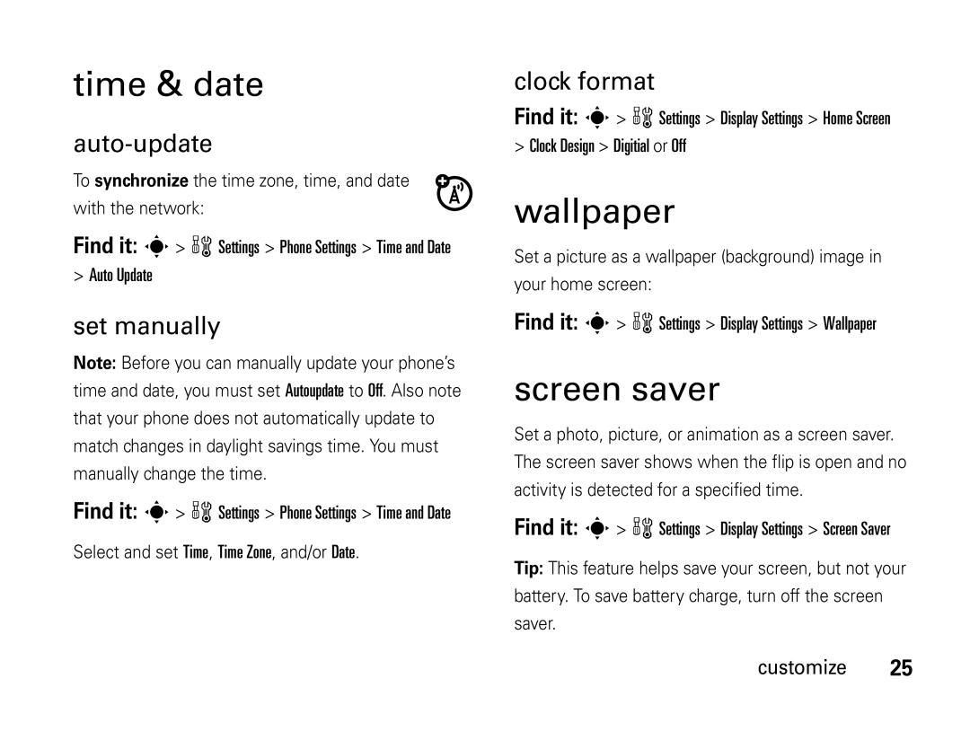 Motorola W450 manual Time & date, Wallpaper, Screen saver 