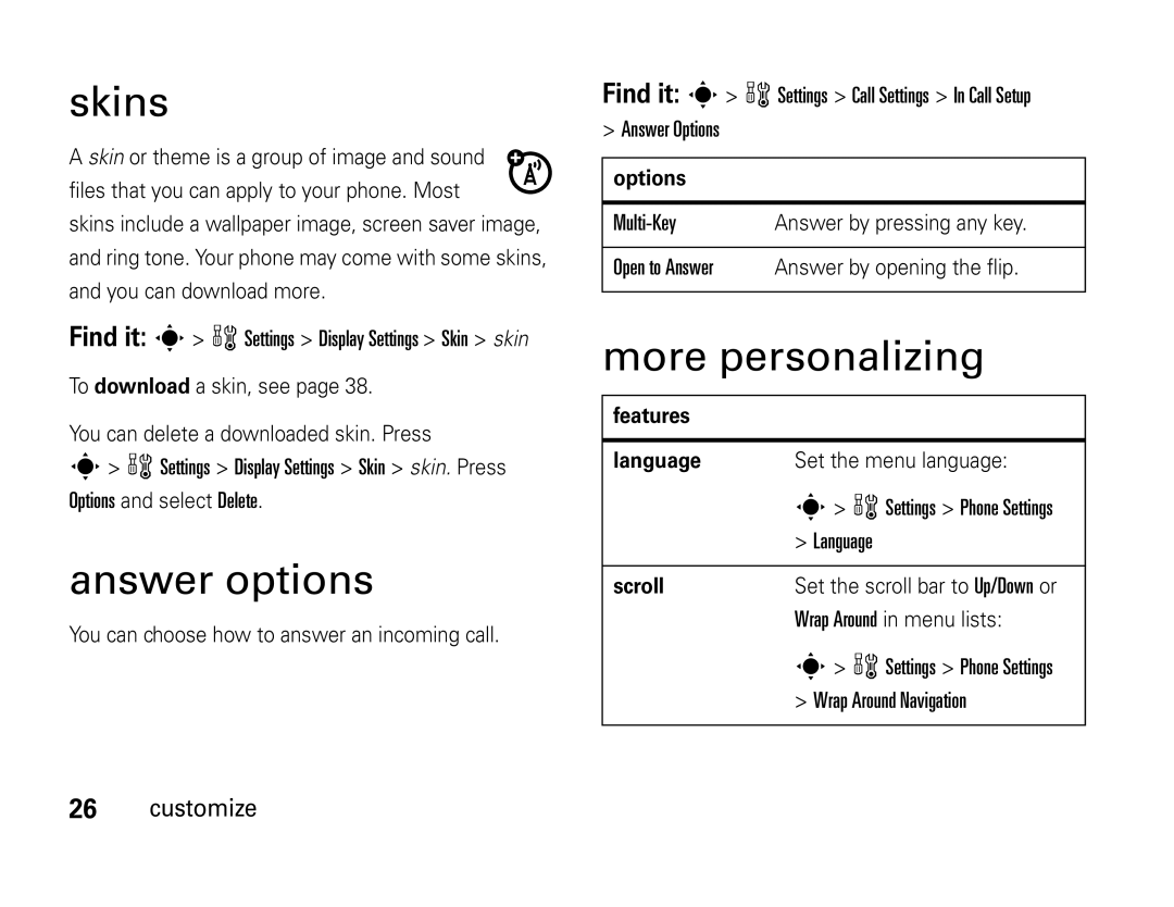 Motorola W450 manual Skins, Answer options, More personalizing 