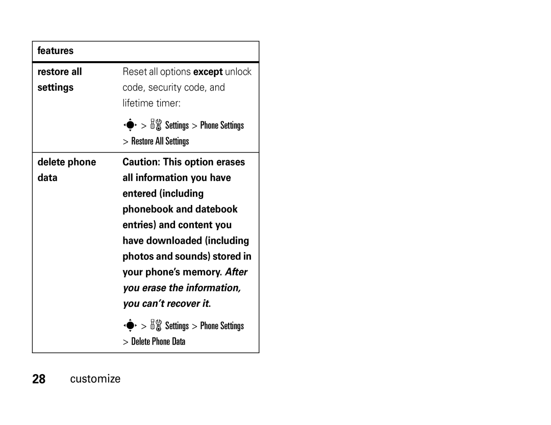 Motorola W450 manual Settings Phone Settings Delete Phone Data Customize, Features Restore all 