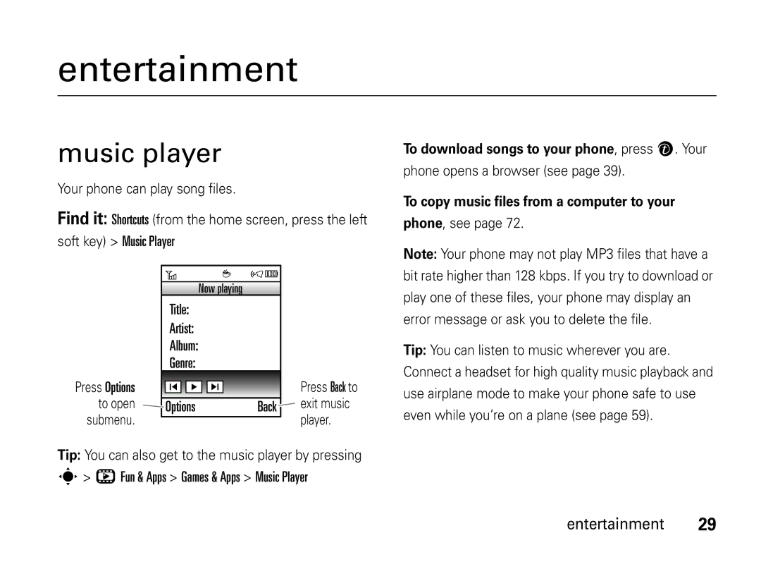 Motorola W450 manual Entertainment, Music player, Title Artist Album Genre, Fun & Apps Games & Apps Music Player 