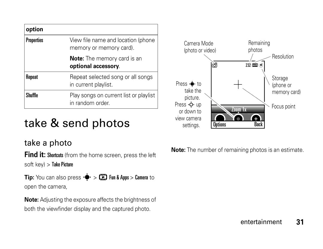 Motorola W450 manual Take & send photos, Take a photo, Properties, Repeat, Shuffle 