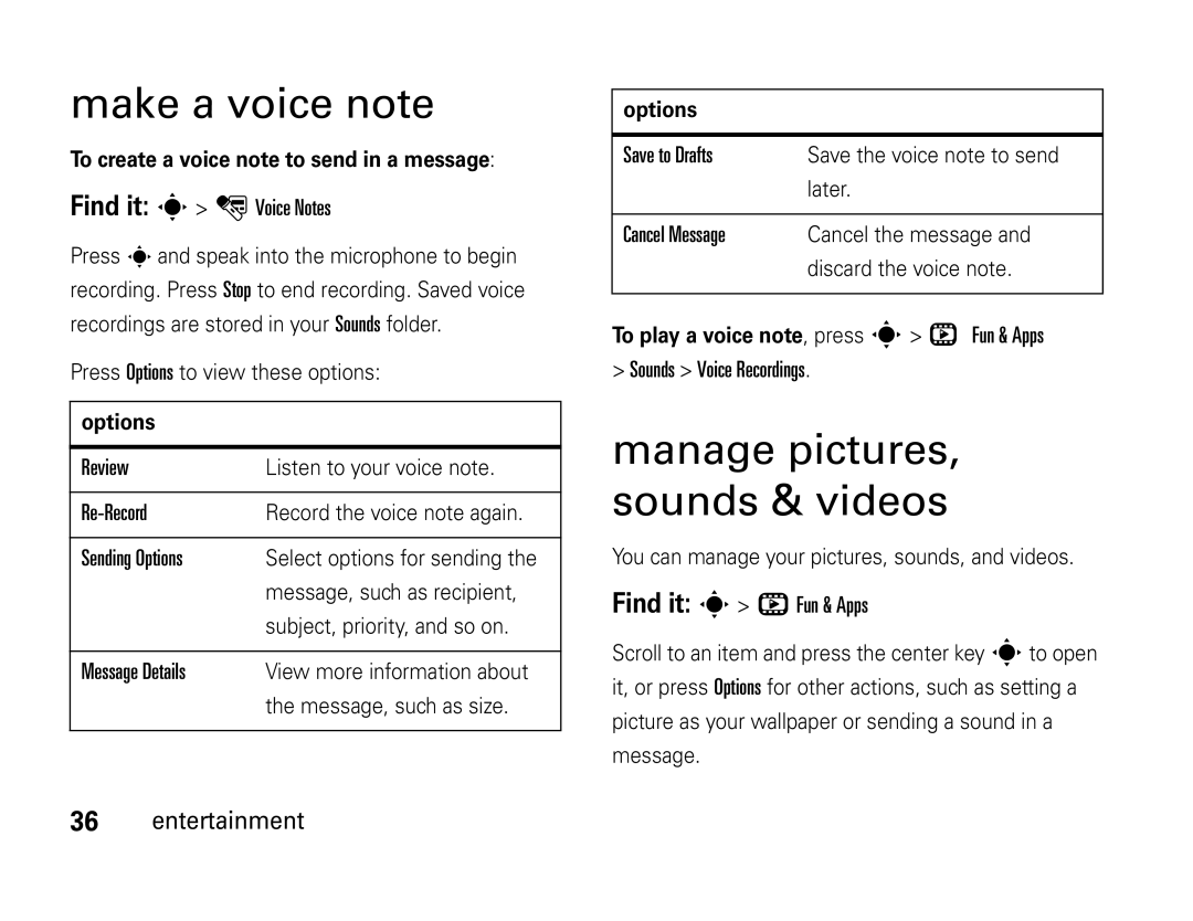 Motorola W450 manual Make a voice note, Manage pictures, sounds & videos 