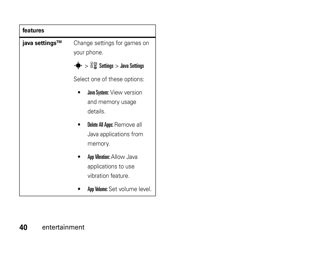 Motorola W450 manual Features Java settingsTM 