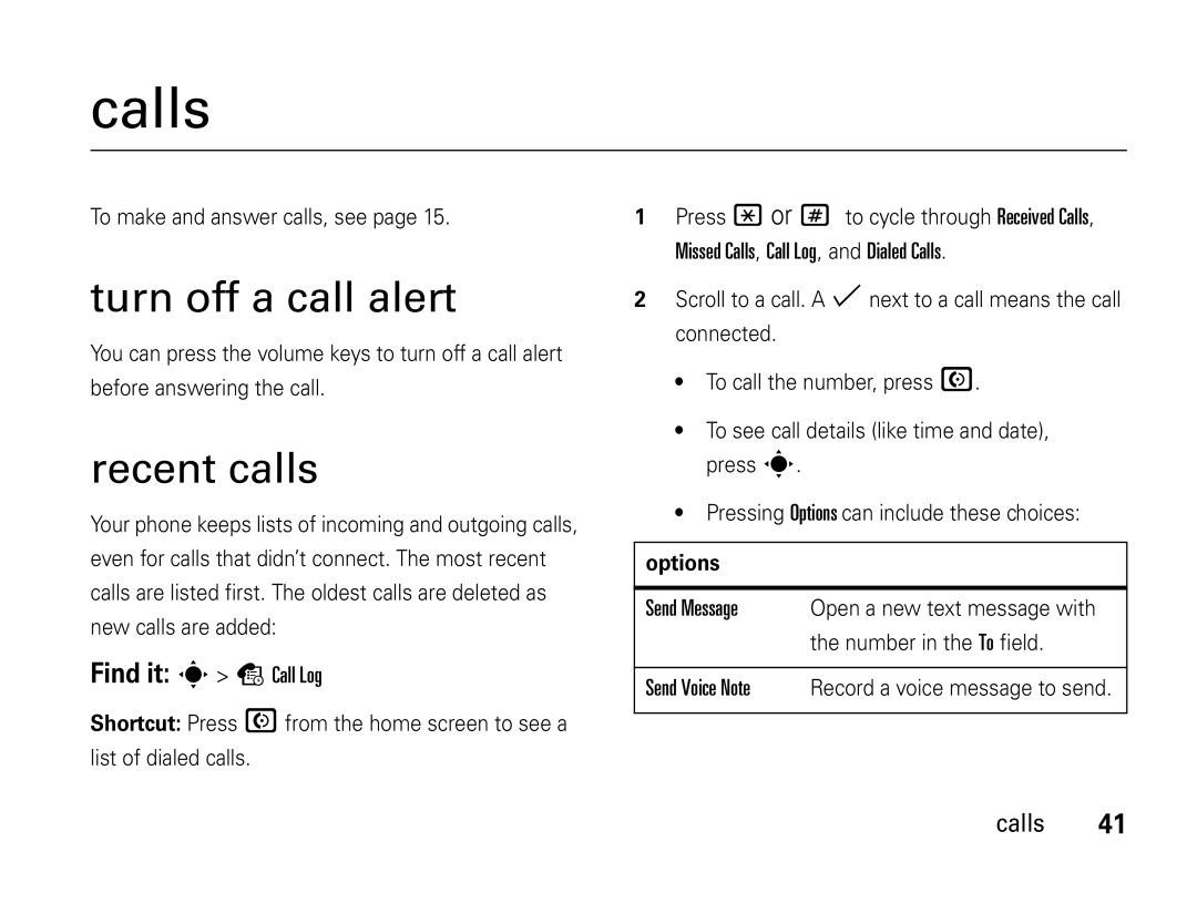 Motorola W450 manual Calls, Turn off a call alert, Recent calls 