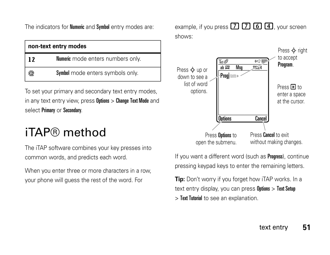 Motorola W450 manual ITAP method, Program, Options Cancel, Non-text entry modes 