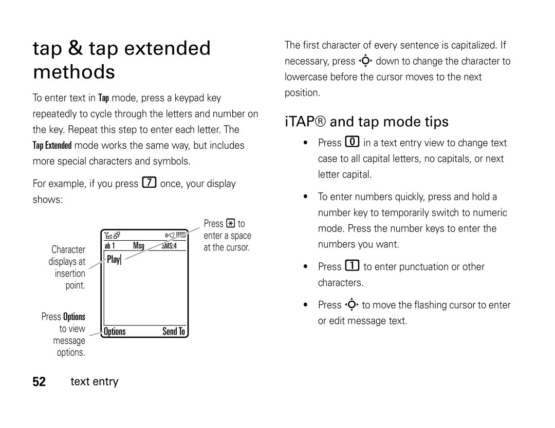 Motorola W450 manual Tap & tap extended methods, ITAP and tap mode tips 