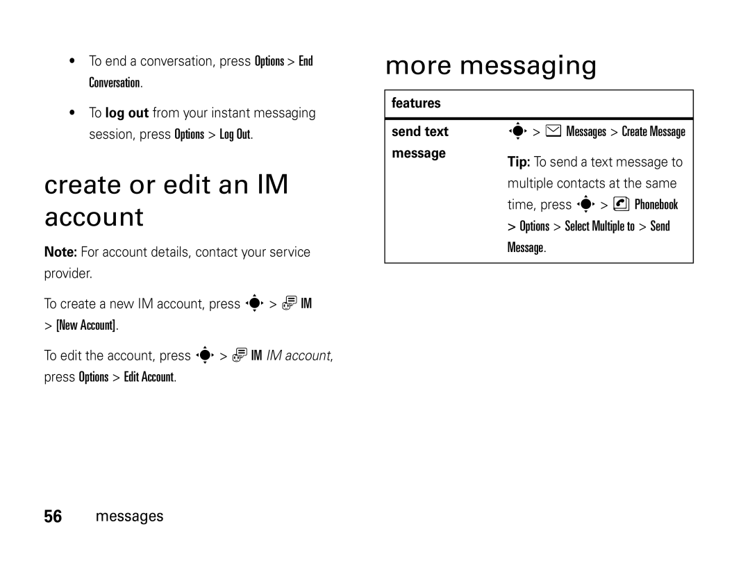 Motorola W450 manual Create or edit an IM account, More messaging, Conversation, New Account, Message 