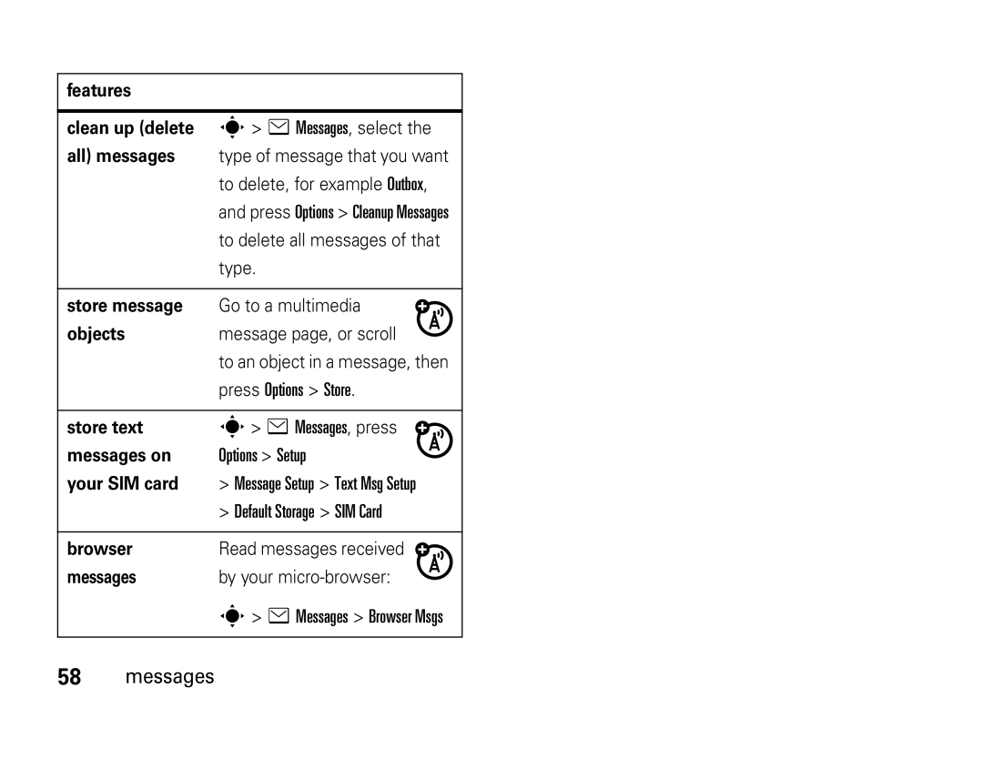 Motorola W450 manual Press Options Store, Options Setup, Default Storage SIM Card 