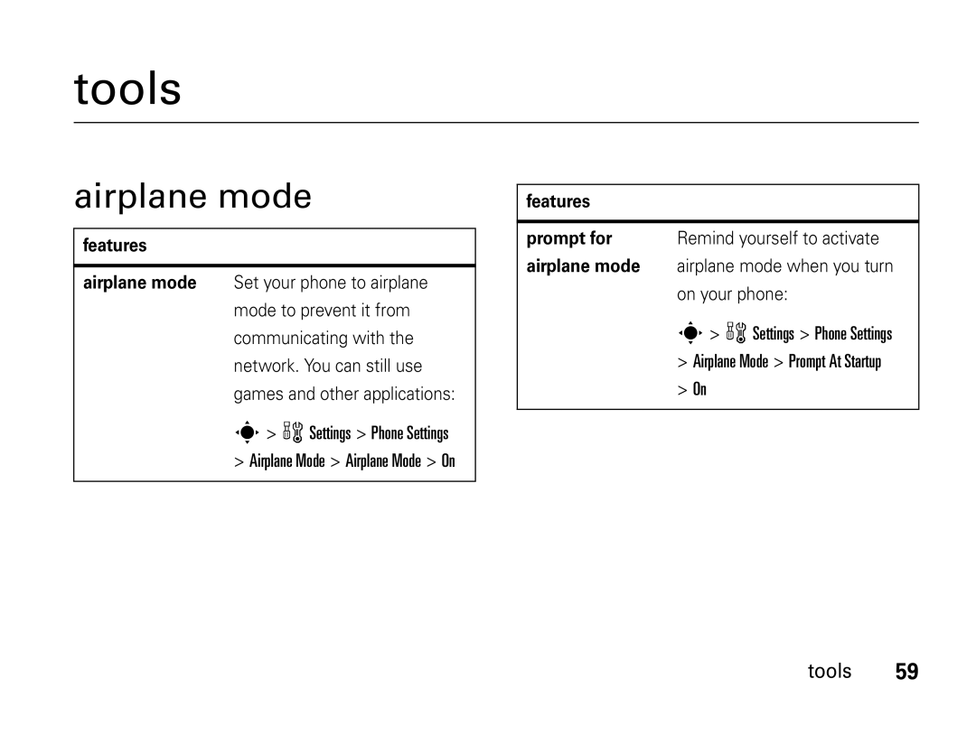 Motorola W450 manual Tools, Airplane mode, Settings Phone Settings 