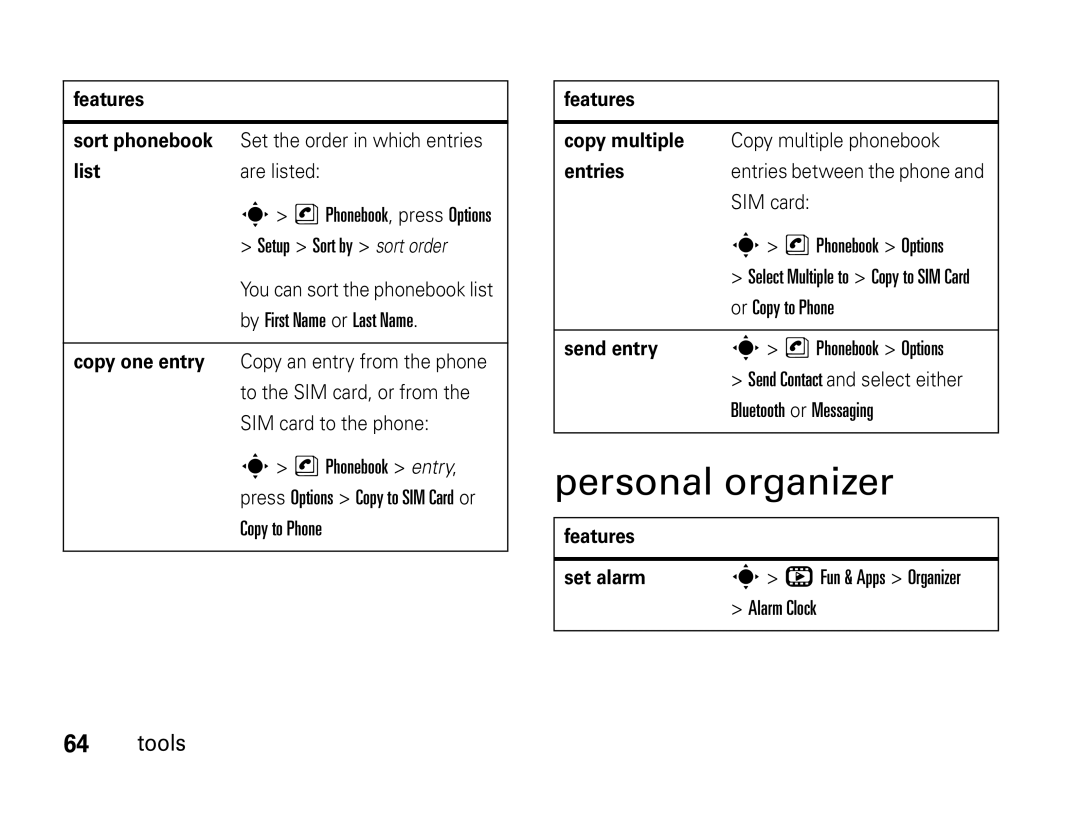 Motorola W450 manual Personal organizer 