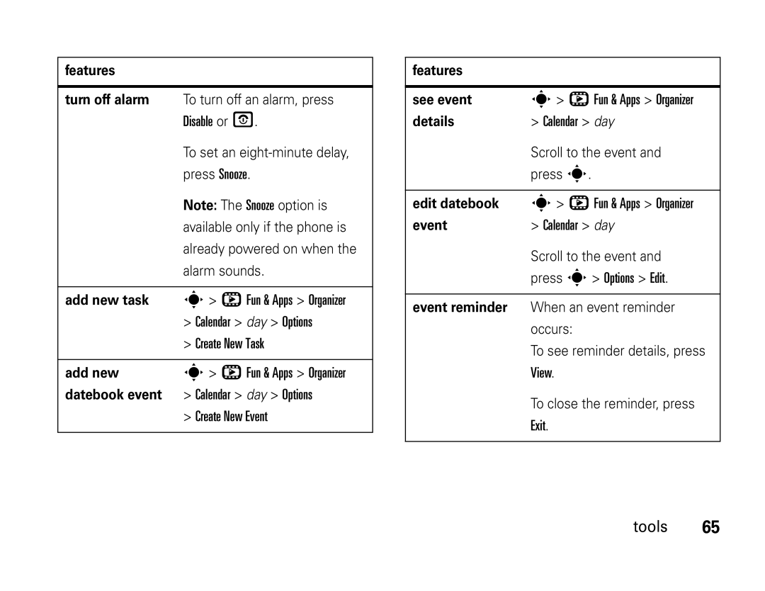 Motorola W450 manual Fun & Apps Organizer, Calendar day, Press s Options Edit, View, Exit 