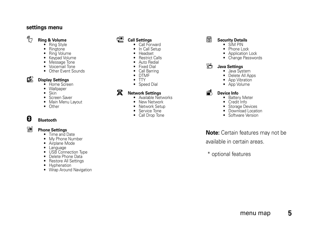 Motorola W450 manual Settings menu, Ring & Volume 