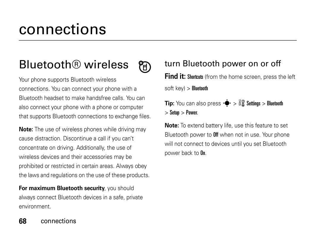 Motorola W450 manual Bluetooth wireless, Turn Bluetooth power on or off, Setup Power Connections 