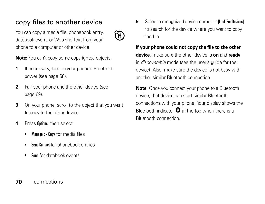 Motorola W450 manual Copy files to another device 