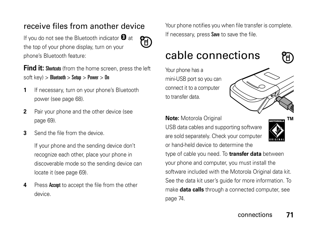 Motorola W450 manual Cable connections, Receive files from another device 