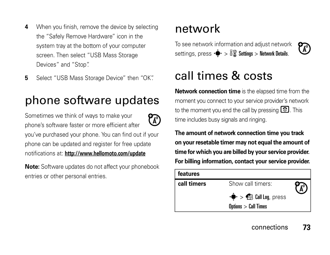 Motorola W450 manual Phone software updates, Call times & costs, Settings, press s w Settings Network Details 