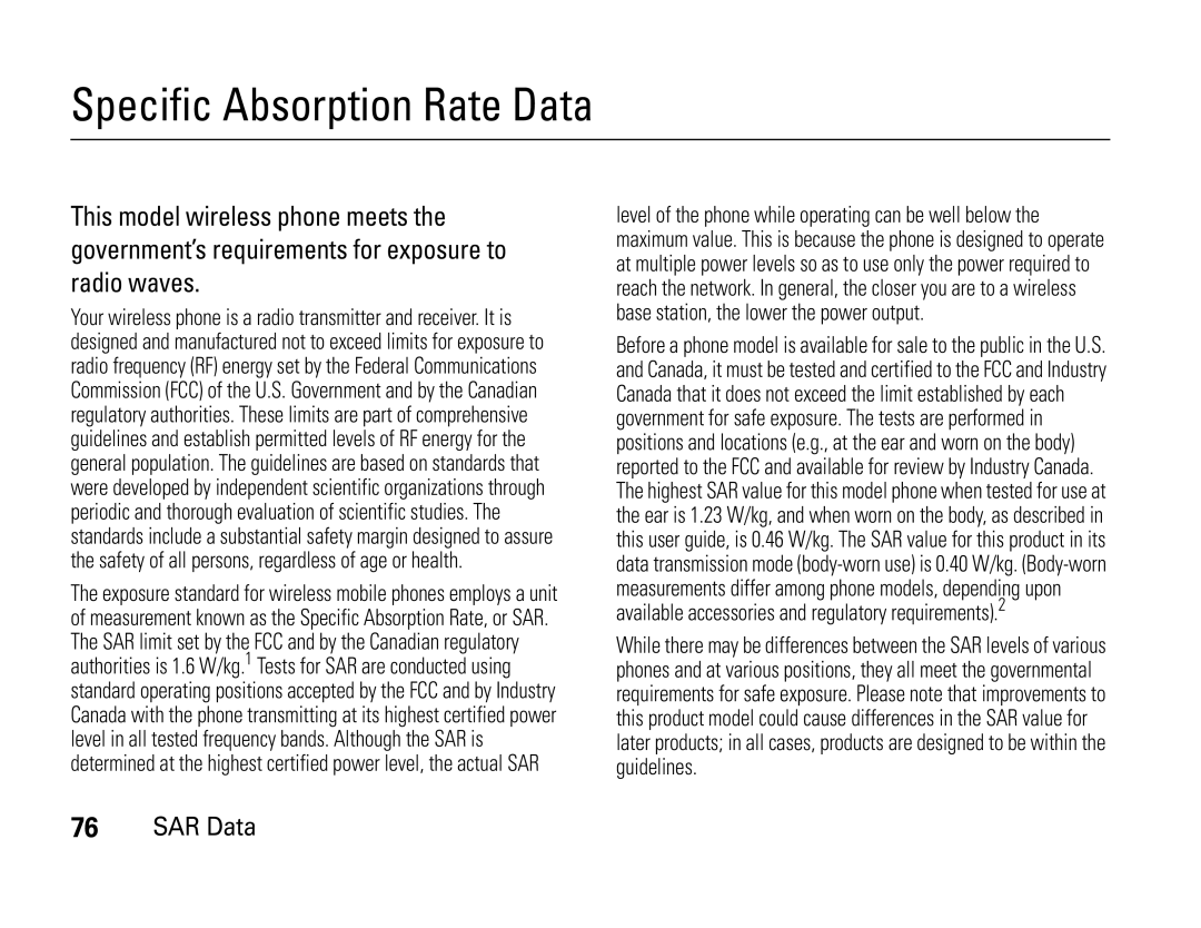 Motorola W450 manual Specific Absorption Rate Data, SAR Data 