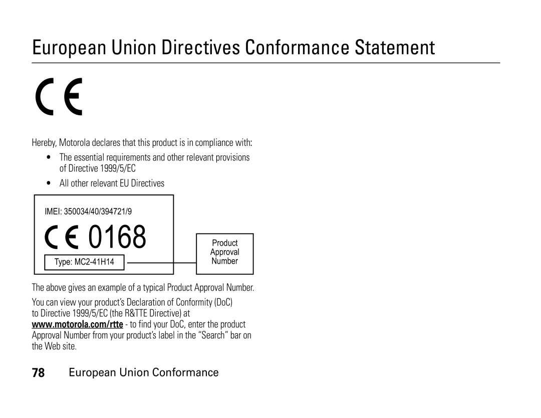 Motorola W450 manual European Union Directives Conformance Statement, European Union Conformance 