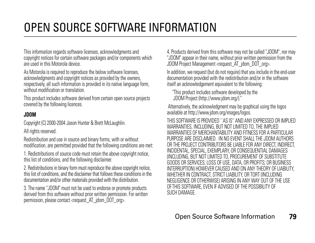 Motorola W450 manual Open Source Software Information 