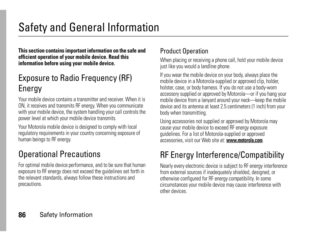 Motorola W450 manual Safety and General Information, Exposure to Radio Frequency RF Energy, Operational Precautions 