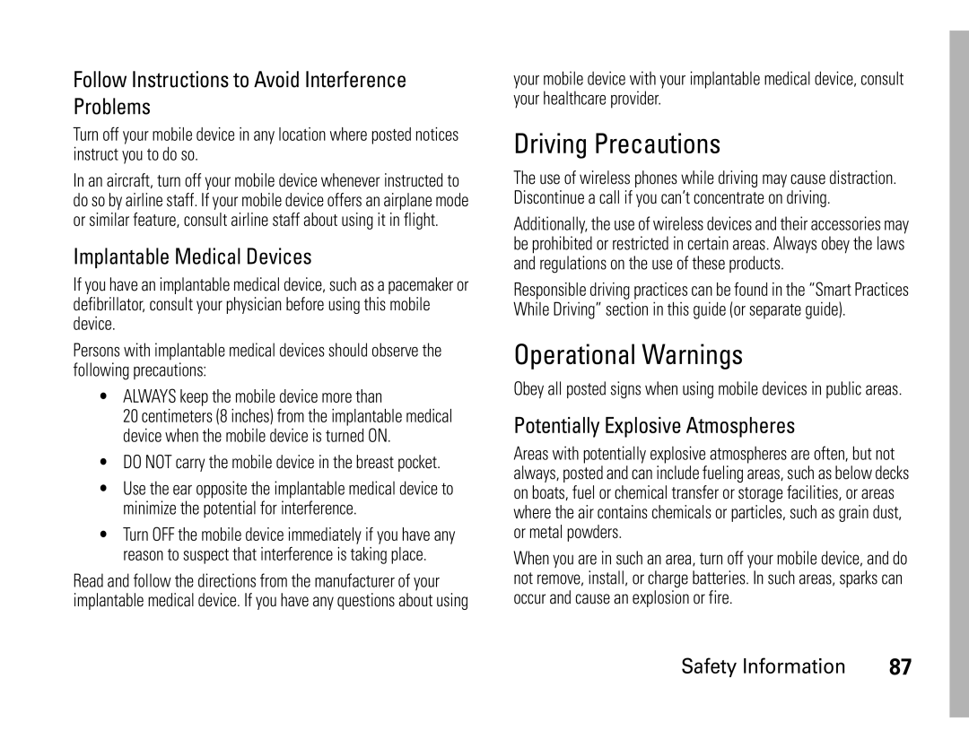 Motorola W450 manual Driving Precautions, Operational Warnings 