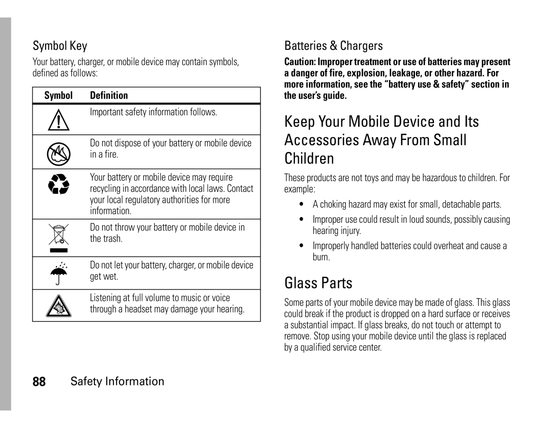 Motorola W450 manual Glass Parts, Symbol Definition 