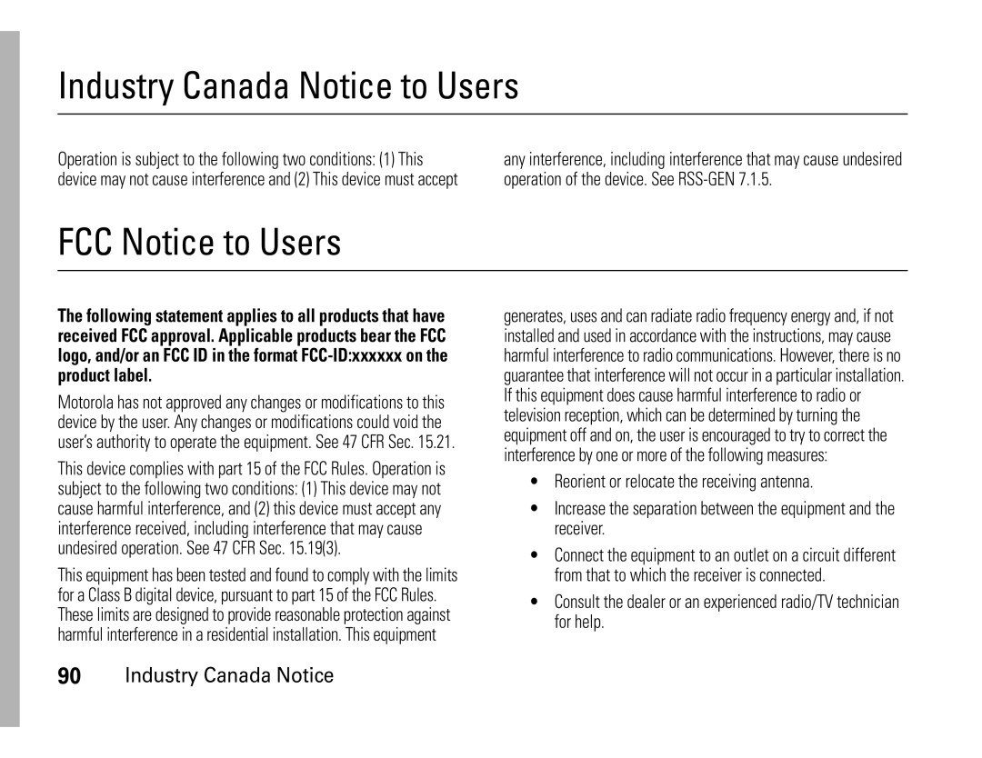 Motorola W450 manual Industry Canada Notice to Users, FCC Notice to Users 