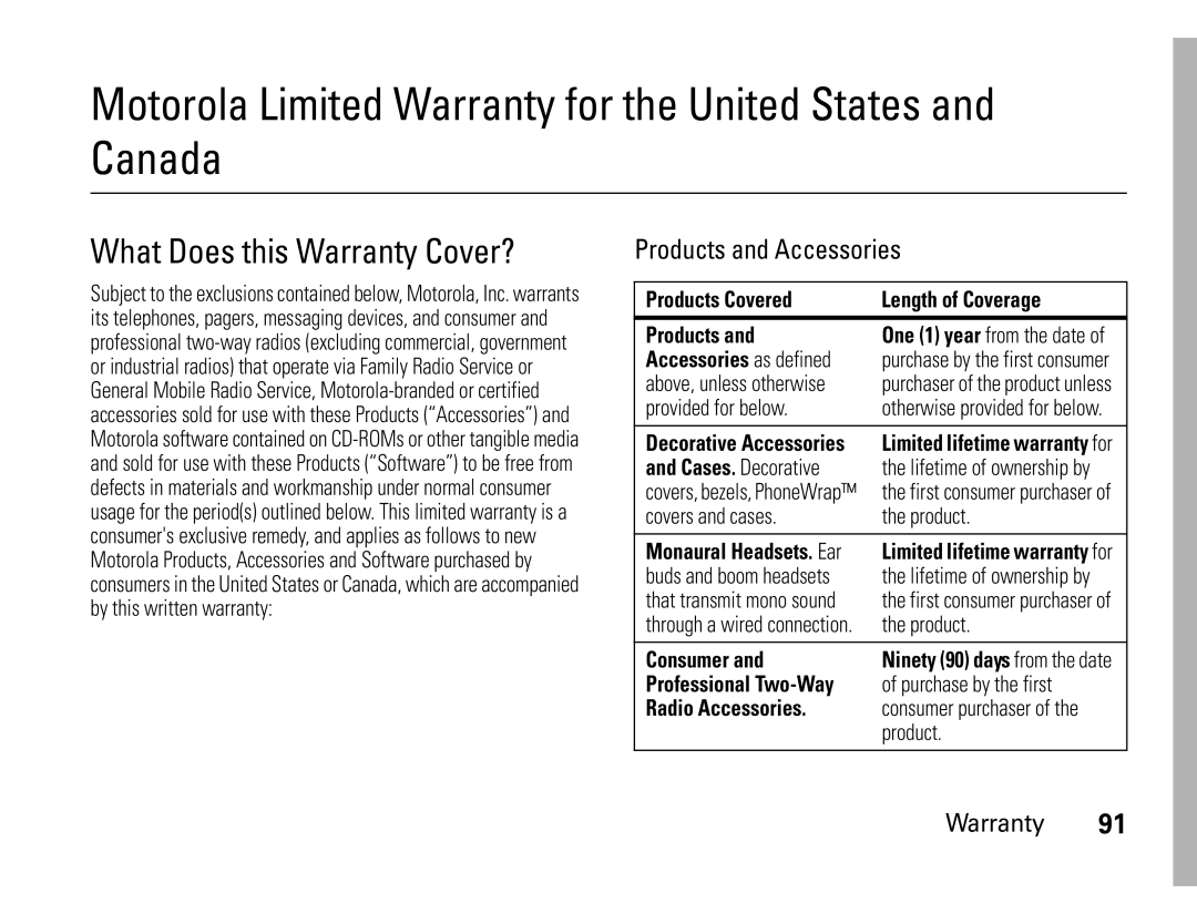 Motorola W450 manual Motorola Limited Warranty for the United States and Canada, WhatarrantyDoes this Warranty Cover? 