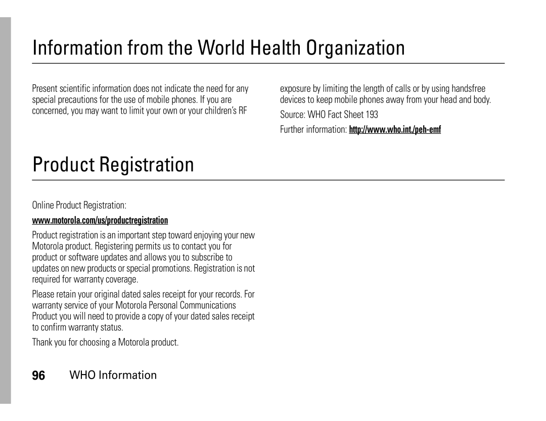 Motorola W450 manual Information from the World Health Organization, Product Registration, WHO Information 