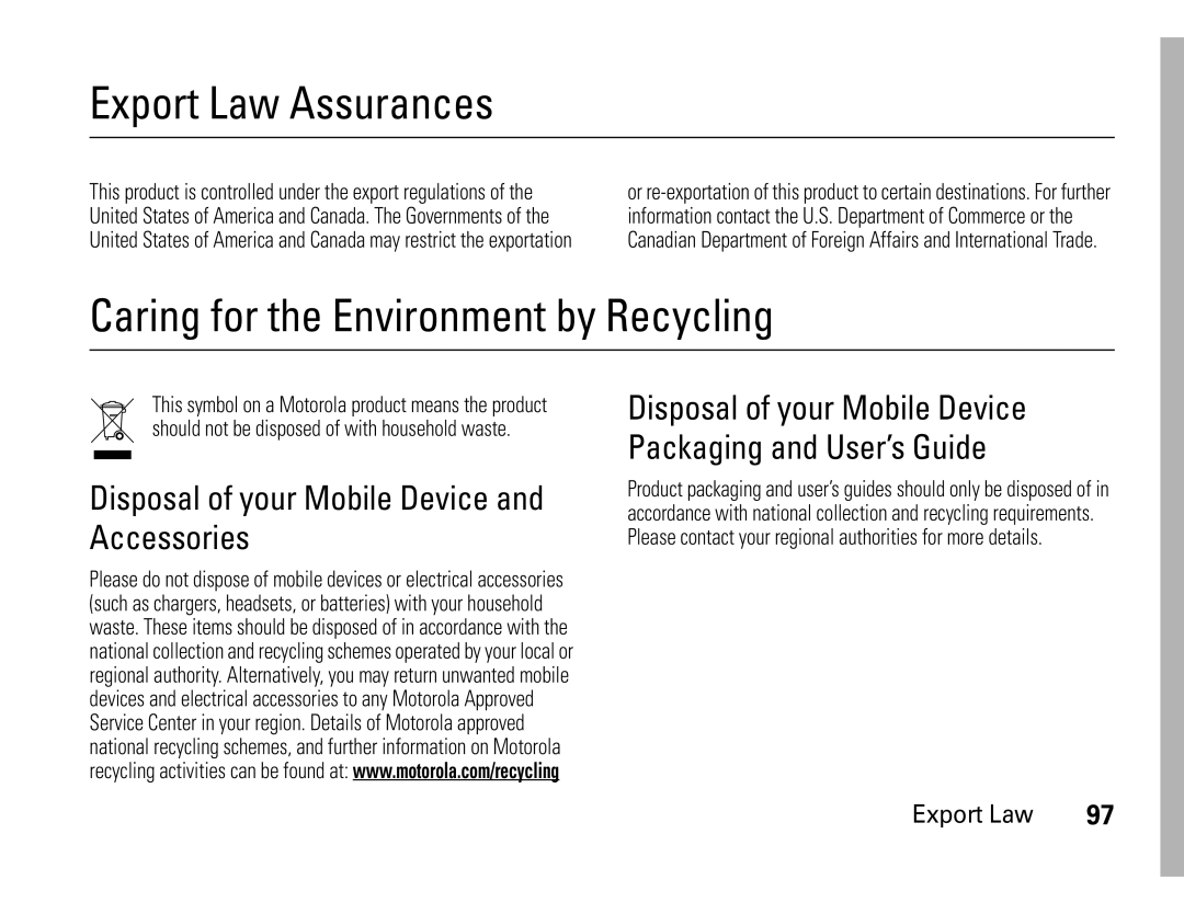 Motorola W450 manual Export Law Assurances, Caring for the Environment by Recycling 