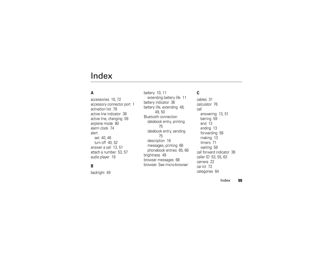 Motorola W490 manual Index, Datebook entry, printing Datebook entry, sending 