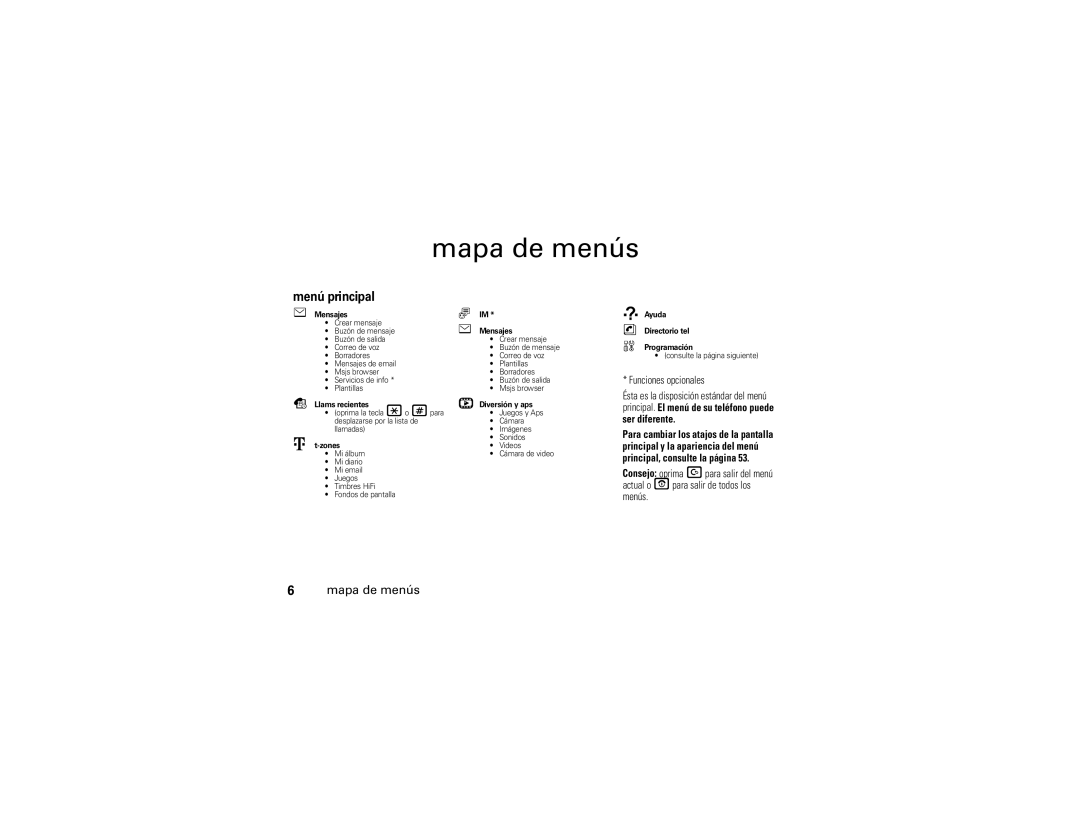 Motorola W490 manual Mapa de menús, Menú principal, Funciones opcionales 
