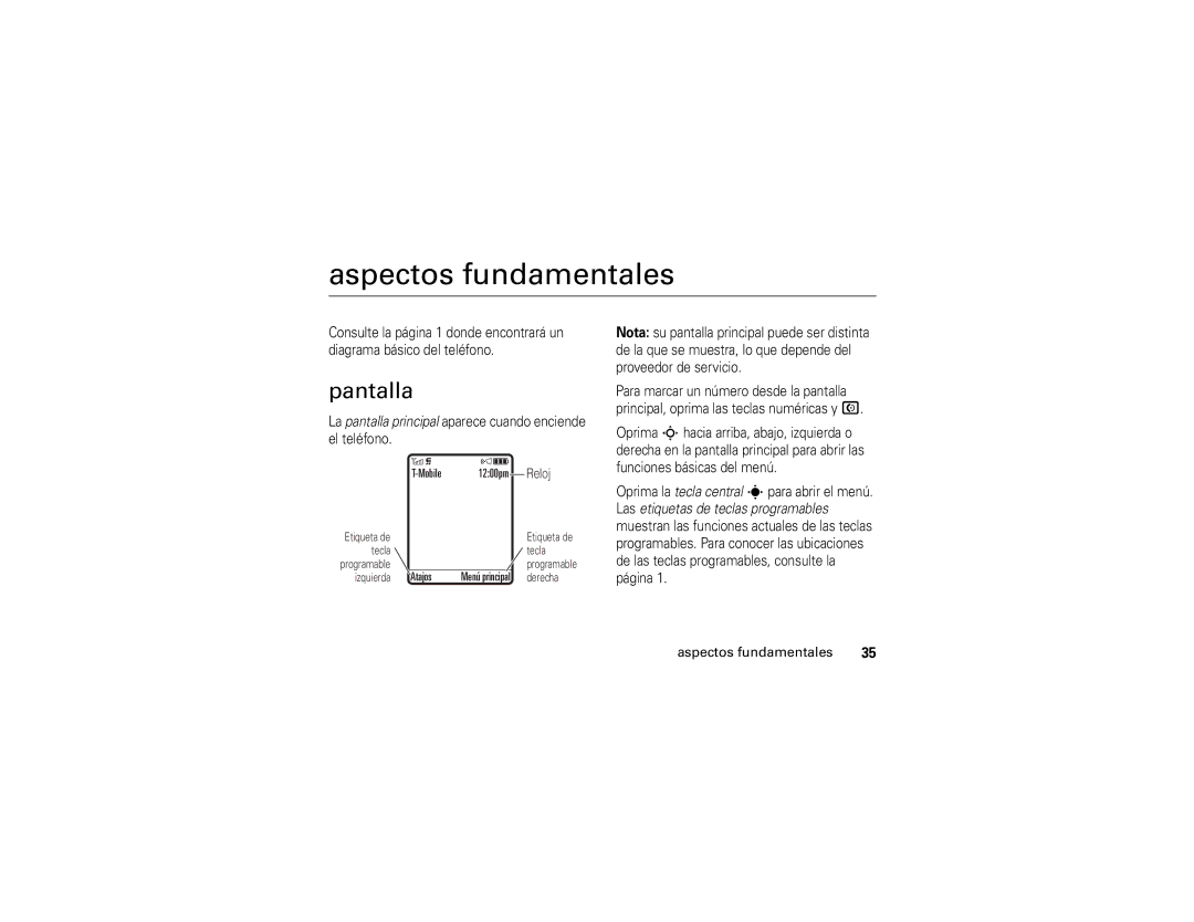 Motorola W490 manual Aspectos fundamentales, Pantalla, La pantalla principal aparece cuando enciende el teléfono 